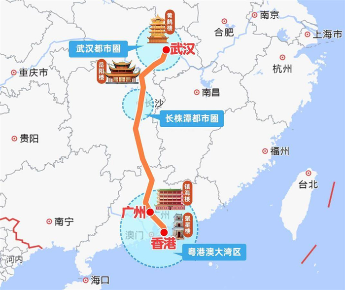 武汉至香港高铁线路示意图（制图：刘依）