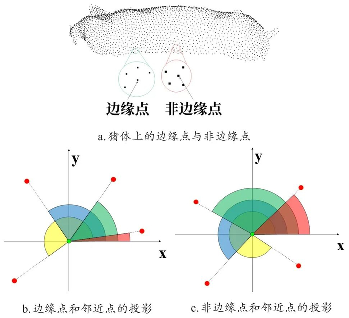 图 7　边缘提取算法中k近邻在临近点拟合平面上投影的极角