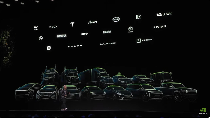 黄仁勋展示其众多汽车合作伙伴，其中包括国内巨头比亚迪、理想、小米、极氪等