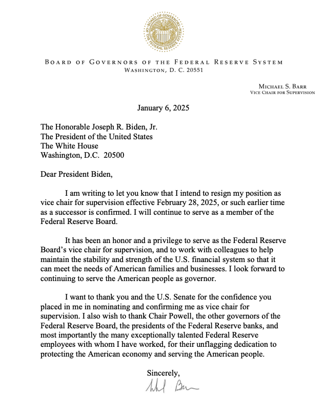 （巴尔写给拜登的辞职信，来源：美联储）