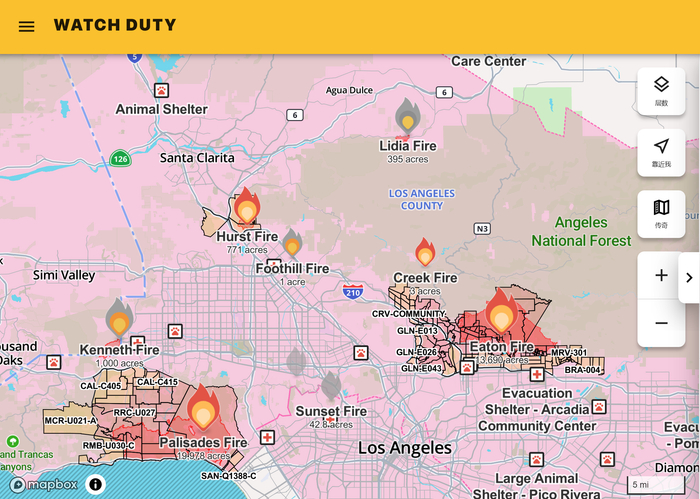 图片来源：Watch Duty（截至当地时间1月9日凌晨0:30）