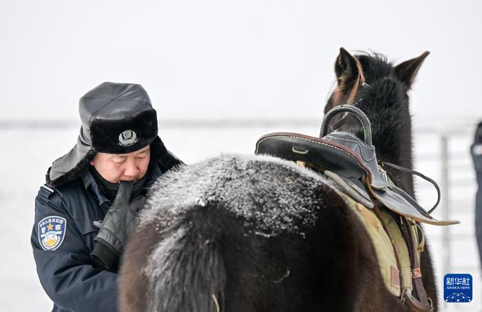   2024年12月27日，马背警队民警赛音白乙拉给马套上马鞍，准备巡边踏查。新华社记者 连振 摄