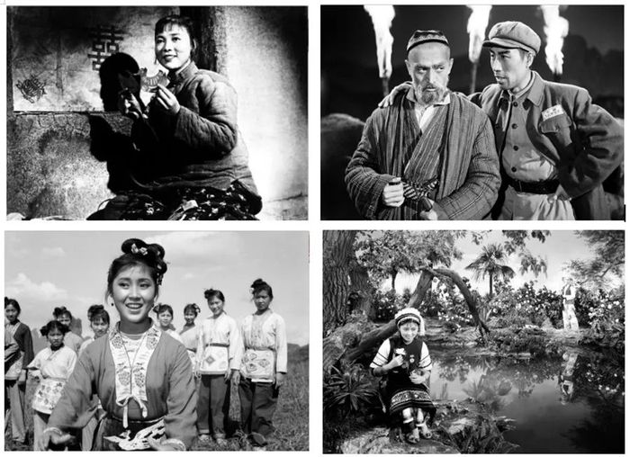        从上至下依次为：电影《白毛女》剧照、电影《冰山上的来客》剧照、电影《刘三姐》剧照、电影《五朵金花》剧照