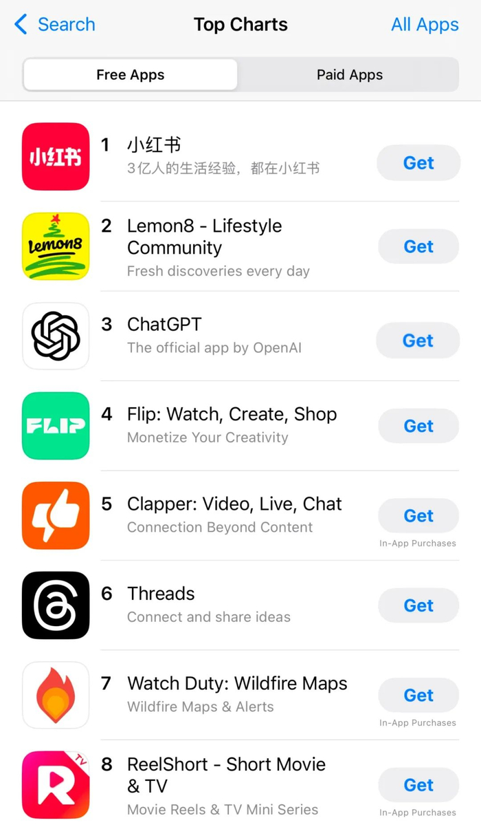 美国地区苹果应用商店下载榜截图