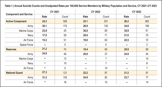   图片截取自美国国防部“预防自杀办公室”年度报告