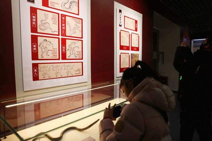 图为观众参观蛇标本，墙上展示《山海经》古籍中各种蛇的形象。新京报记者 浦峰 摄