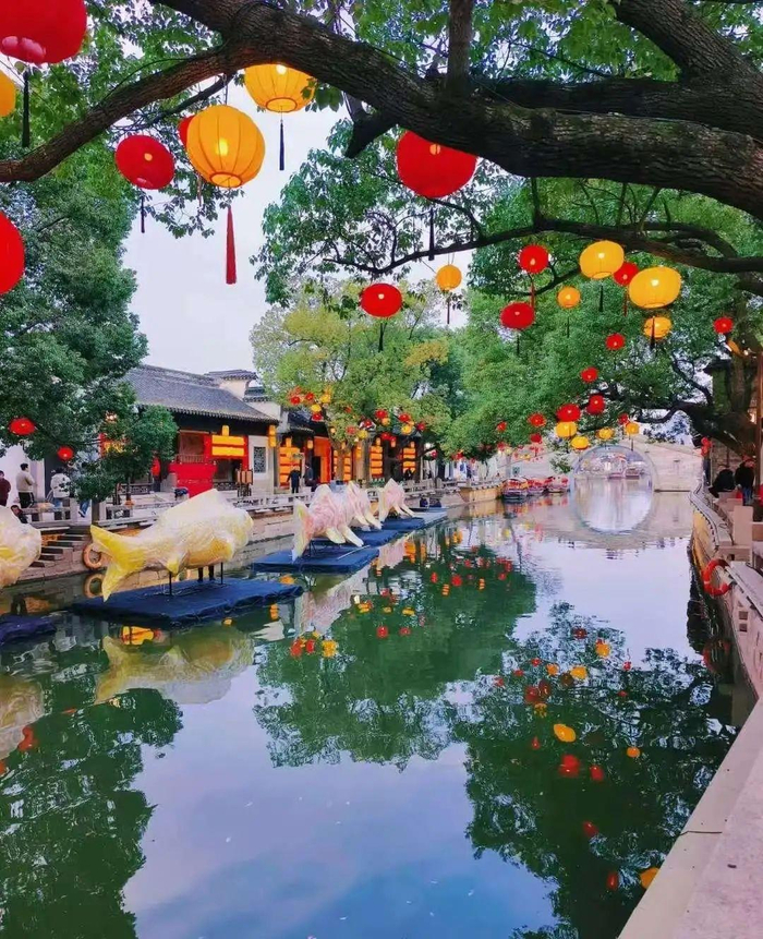 △传统宫灯与古朴建筑相映成趣，无锡的“年味”十分浪漫。