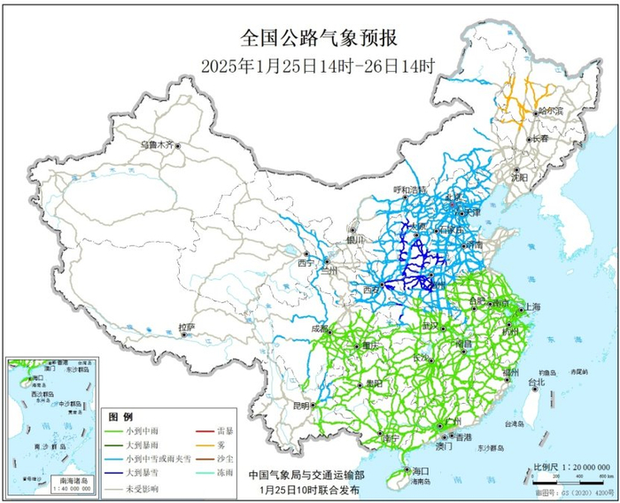 图4  全国公路气象预报图（1月25日14时至26日14时）