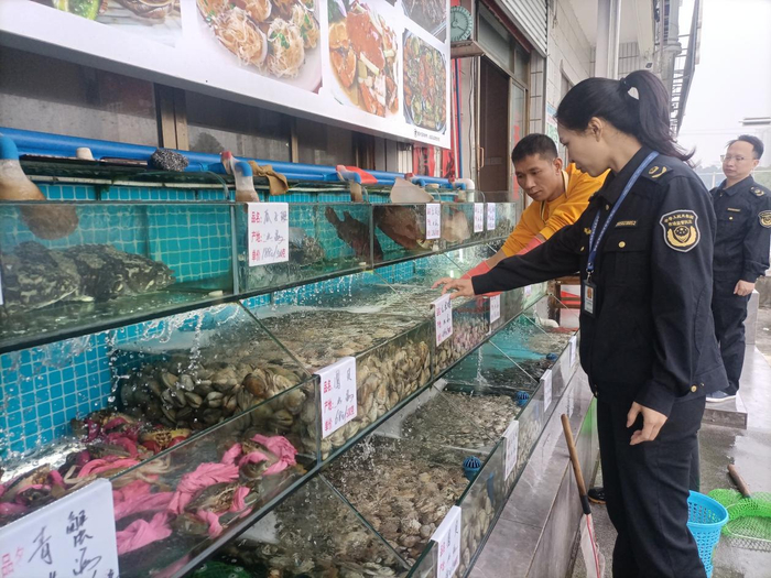 执法人员检查海鲜店明码标价情况。