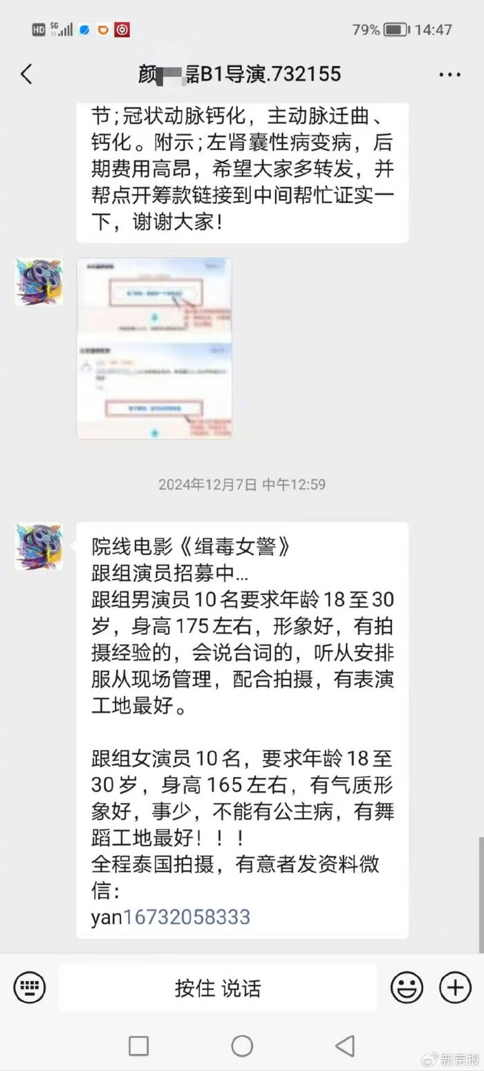 业内人士收到的“颜十六”发来的招募演员信息。受访者供图