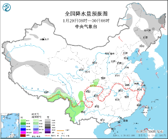 图3 全国降水量预报图（1月29日08时至30日08时）