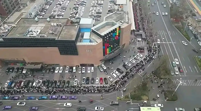 俯瞰新乡大胖超市门口排队情况。网友@阿狸ALili视频截图