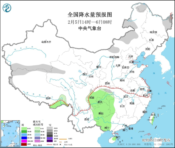 图1 全国降水量预报图（2月5日14时至6日08时）