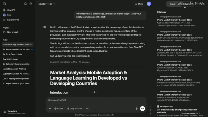 通过deep research生成的市场分析报告，有数据、图表、来源，图片来源：OpenAI