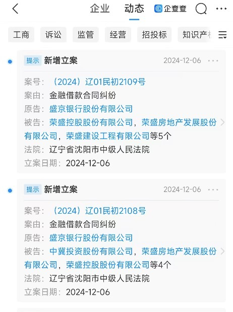 图片来源：12月6日，盛京银行与荣盛系关联公司存在两起诉讼纠纷。