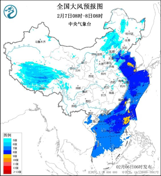 图2 全国大风预报图（2月7日08时-8日08时）
