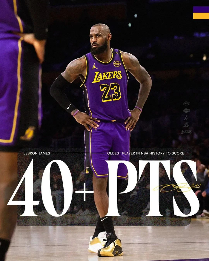 湖人官推也晒海报祝贺詹姆斯成为历史最年长40+球员。