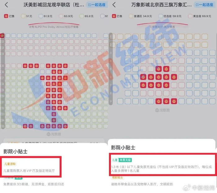 ▲北京部分影院关于儿童观影的提示 来源：淘票票平台截图