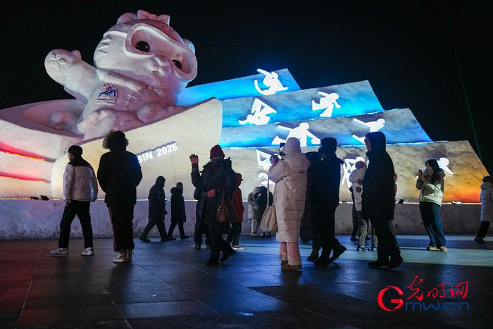 正月初三，游客在第七届哈尔滨松花江冰雪嘉年华园区门前拍照。