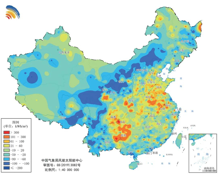 2024 年全国年水平面总辐照量距平分布（单位：kWh/m²）