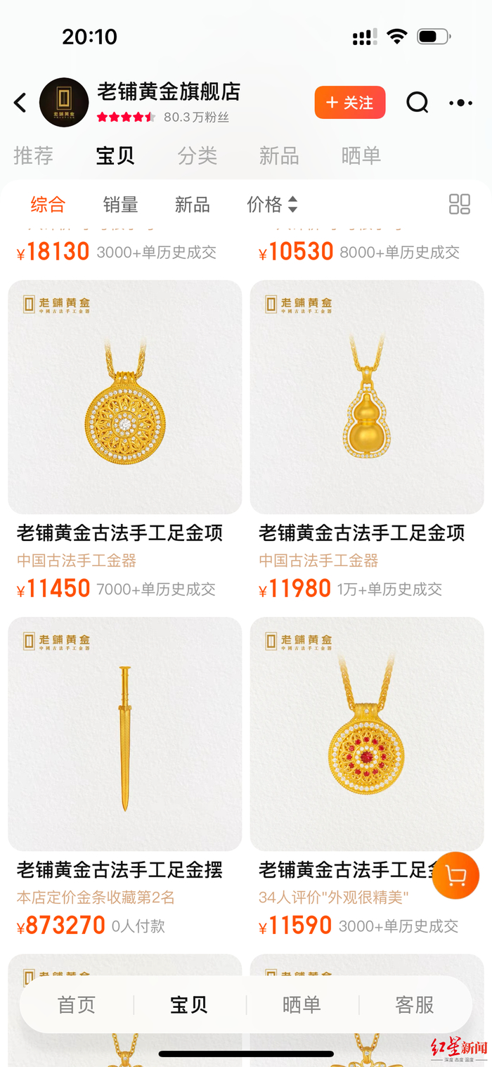 ▲老铺黄金的商品价格