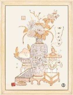邰立平创作的凤翔木版年画《菊花花瓶图》。记者 李静茹摄