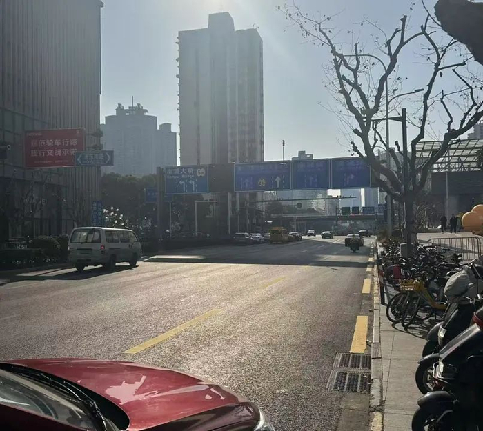 在浦东段近入口处，张杨路最右侧机动车道改为可变车道 束涵 摄