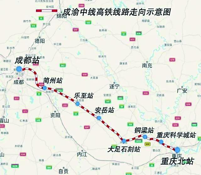     成渝中线高铁线路走向示意图