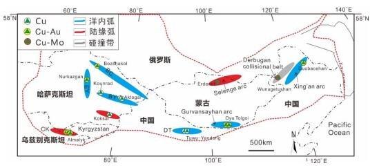 图2、中亚成矿域主要成矿带及大型-超大型斑岩铜矿分布图