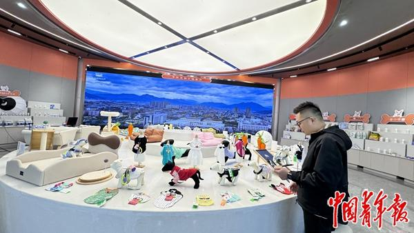 1月9日，平阳宠物小镇负责人曾尧在宠物小镇会客厅观看宠物服饰展品。中青报·中青网见习记者 赵丽梅/摄