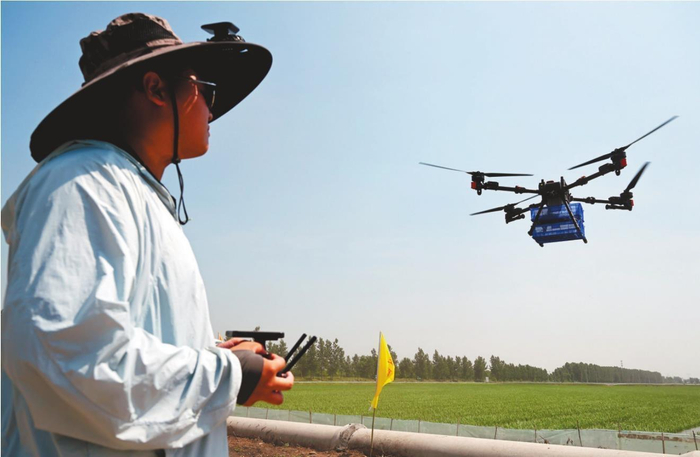         沈阳市沈北新区兴隆台街道的一处稻田里，工作人员利用无人机运输虾苗蟹苗。 本报记者  赵敬东  摄