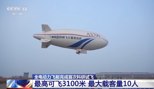 电动型载人飞艇AS700D在湖北完成了首次科研飞行试验。央视新闻截图