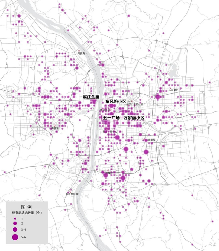 长沙城区健身房聚集图。