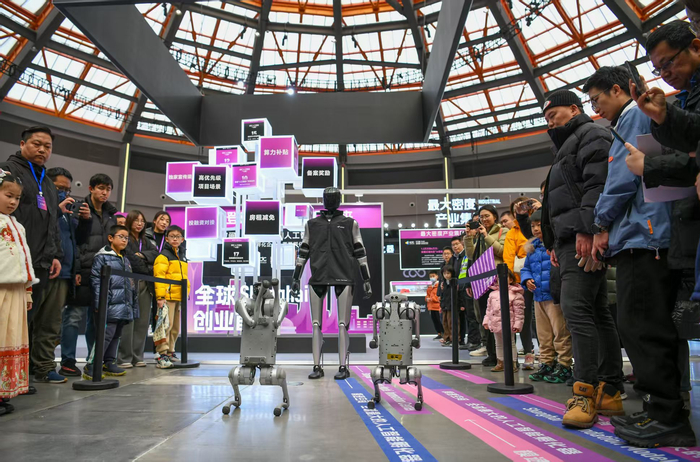 宇树人形机器人正在“遛”机器狗。劳动报记者颜筱依摄