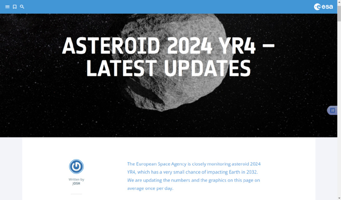 欧洲航天局追踪“2024 YR4”小行星最新情况的页面截图