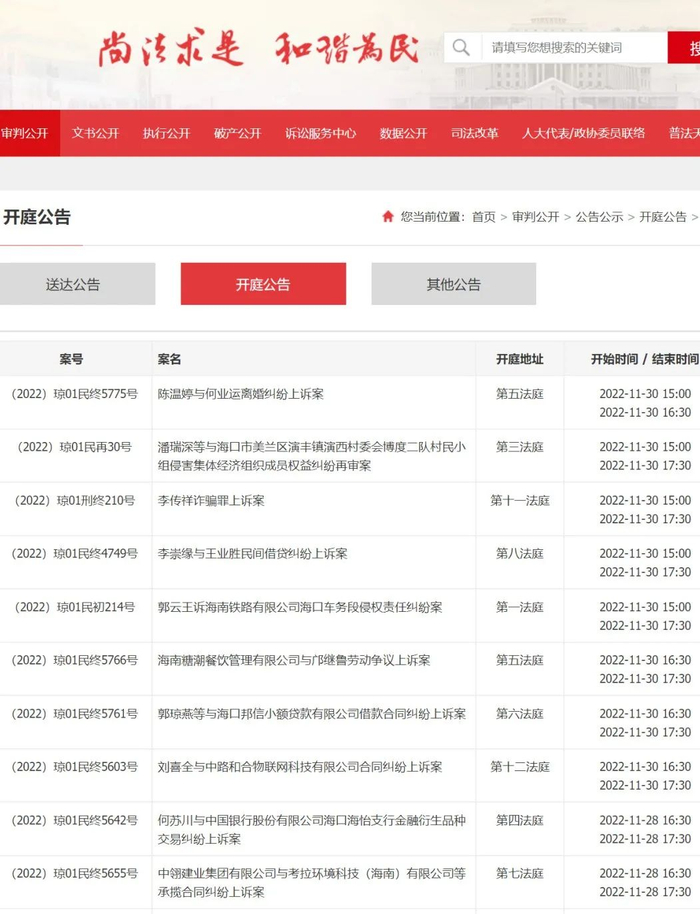 ▲ 海口法院网：开庭公告发布