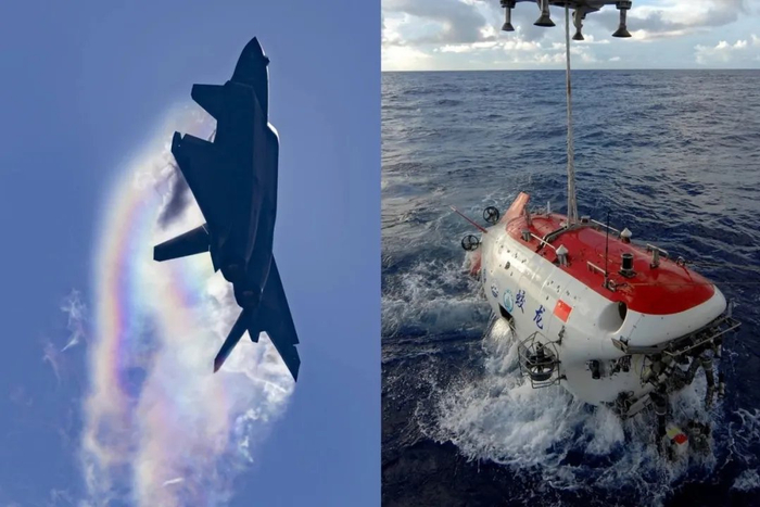 “威龙”歼-20隐身战斗机（左），蛟龙号载人潜水器（右）。图源：人民日报微信公号