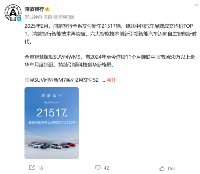 ▲鸿蒙智行2025年2月销量