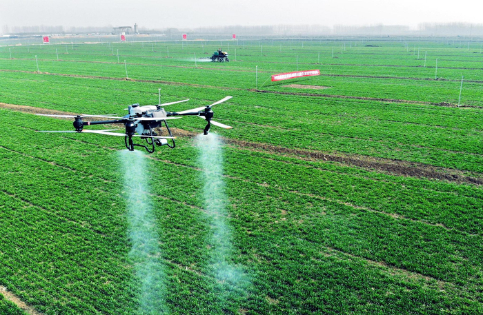2024年3月14日，在青岛市即墨区蓝村街道绿色增粮示范区内，植保无人机在进行小麦叶面肥一喷多防作业。