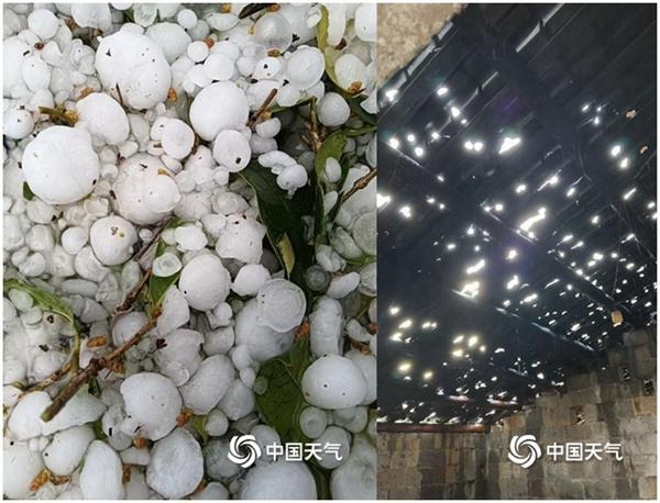 △3月2日，贵州省铜仁市松桃苗族自治县长坪乡遭遇冰雹天气，部分房屋屋顶被砸穿。