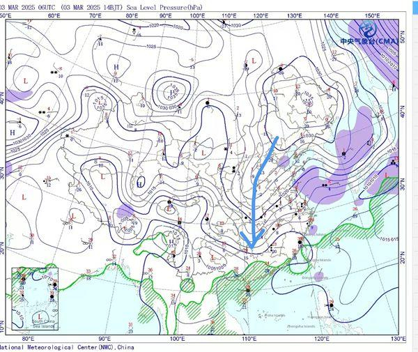 △从今天14时海平面气压场也能看到，冷高压从河南湖北向湖南凸出，南下程度比东段更深，因此降温更明显。