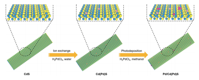 图 12 在 CdS 光催化剂上负载原子分散Pd（Pd1）和团簇 Pd 的制备过程示意