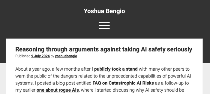 约书亚·本希奥的警示长文｜图片来源：Yoshua Bengio