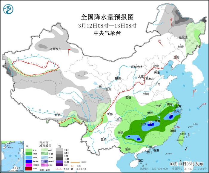 图4 全国降水量预报图（3月12日08时-13日08时）
