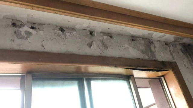 （小区改造后第一个雨季，赵真家出现大面积漏水。受访者供图）