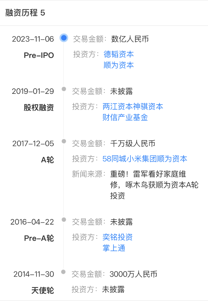 啄木鸟家庭维修的融资历程  图源 / 天眼查