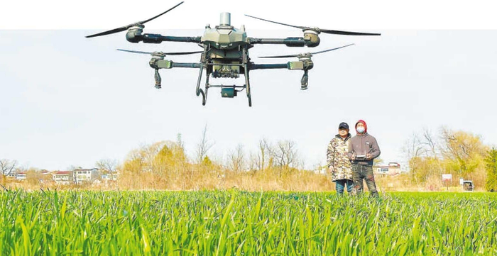 3月17日，怀宁县三桥镇社塘岭村，种粮大户周胜羊操控无人机为麦田打药。檀志扬 陈诚 摄