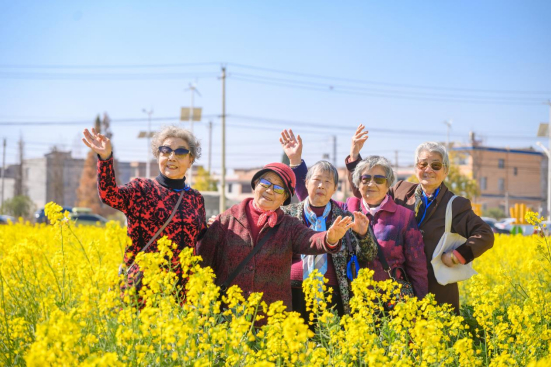 旅居游客在晋宁区沙堤村赏花。供图