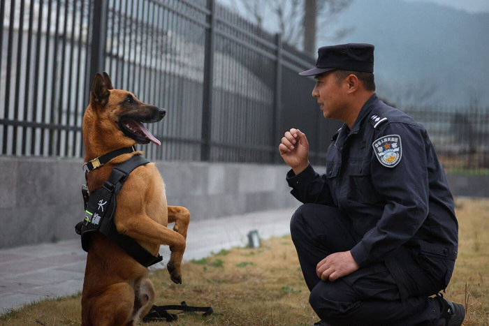 图为民警赵聪和警犬“巴克”的日常生活照