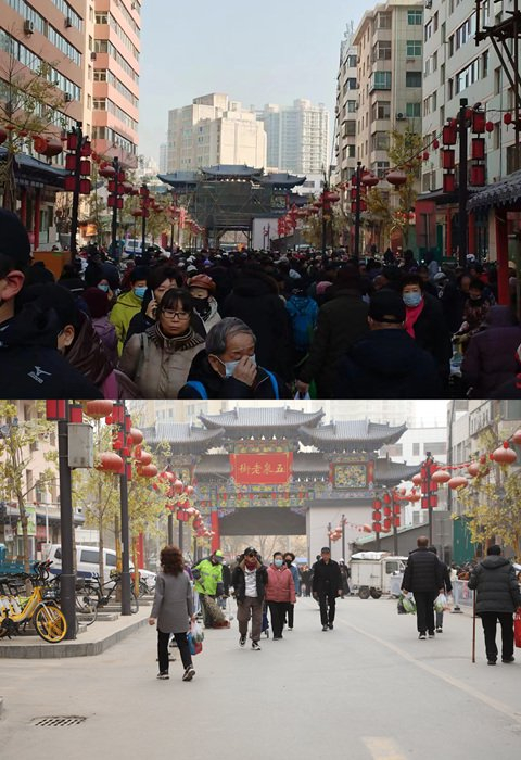 整治前（上图，五泉街道供图）后（下图，人民网记者邵兰摄）的五泉老街一牌坊与二牌坊之间道路。